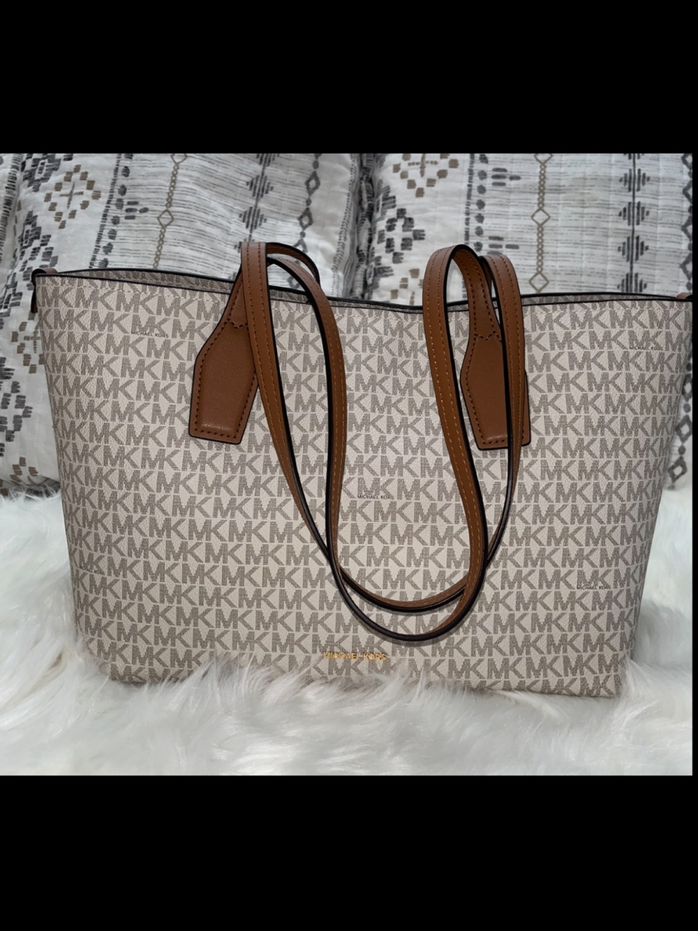 Michael Kors Beige MK Monogram Tote with Brown Trim and Straps